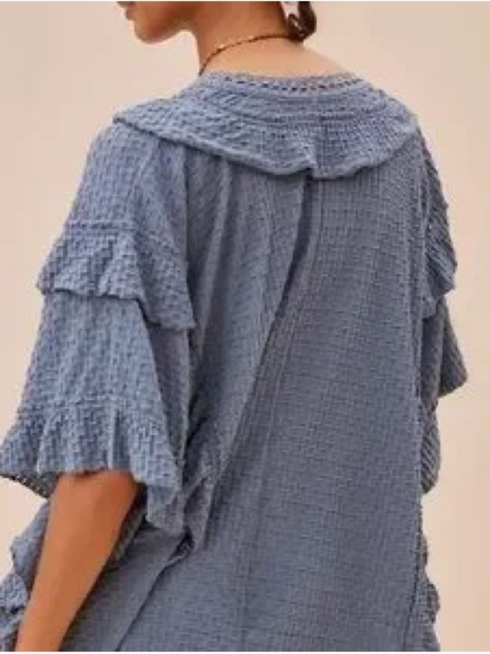 Free People Beach Blue Textured Ruffle Button-Front Top - Picture 2 of 11